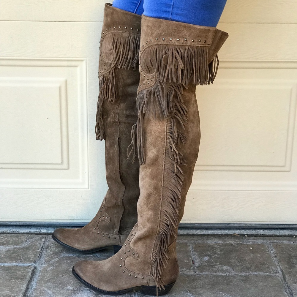 NIB Boho Chic Fringe Studs Over The Knee Boots - Picture 5 of 7